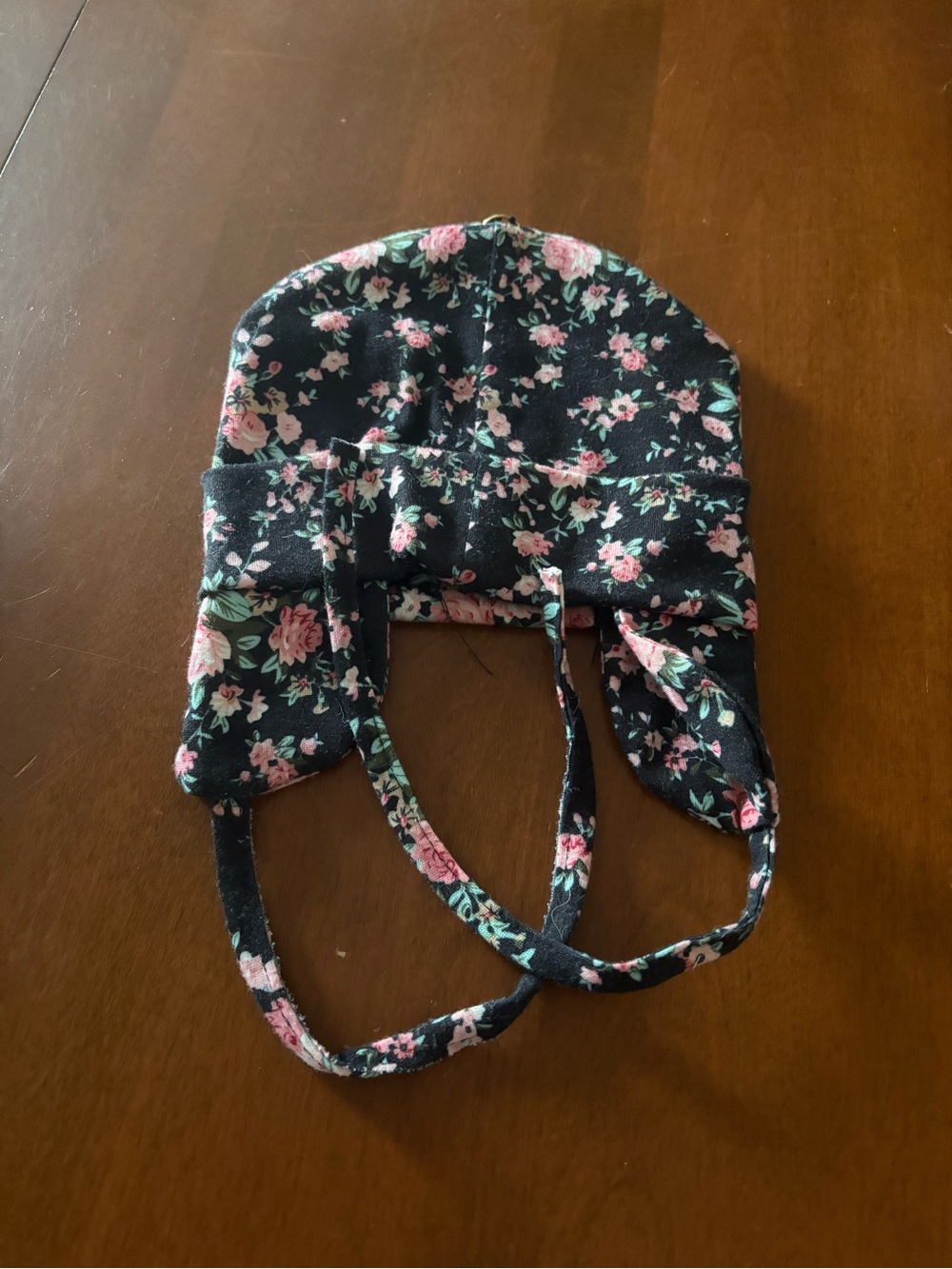 Kids Black Floral Earflap Hat with Chin Straps